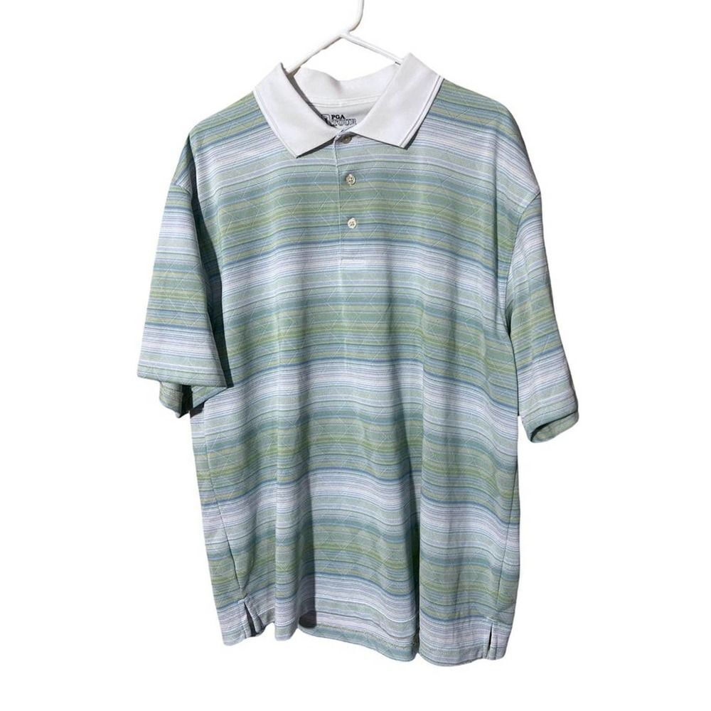 Men's PGA Tour Golf Green Blue White Stripe shirt size XL